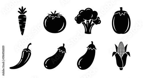 Set of Black and White Vegetable Icons: Carrot, Tomato, Broccoli, Eggplant, Chili, Corn