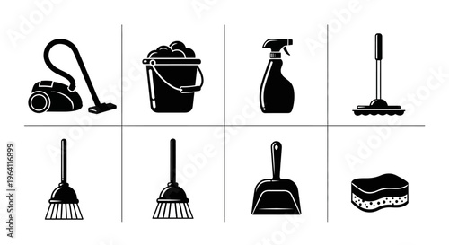 Cleaning Supplies Icons: Vacuum, Bucket, Sprayer, Mop, Broom, Dustpan, Sponge