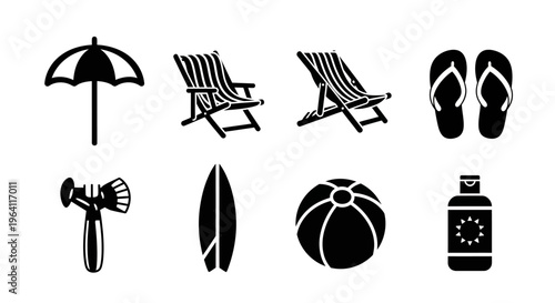 Summer Beach Vacation Icons: Umbrella, Chairs, Surfboard, Ball, Sunscreen, Flip-flops