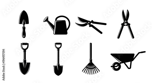 Gardening Tools Silhouette Collection: Shovel, Rake, Pruners, Watering Can, Wheelbarrow