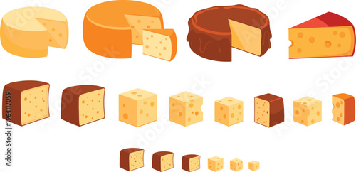 Cheese types collection with slices cubes wheels dairy products flat food illustration set