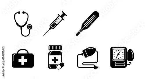 Medical Icons Set: Stethoscope, Syringe, Thermometer, First Aid Kit, Pills, BP Monitor
