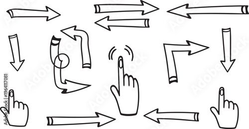A collection of various hand and finger pointing gestures with arrows indicating directions and interactions