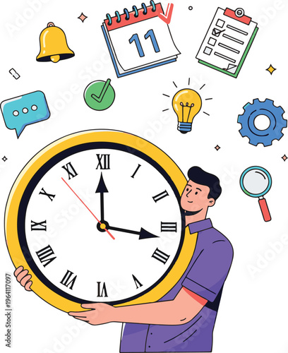 Man admiring a large clock surrounded by productivity and time management icons. Vector