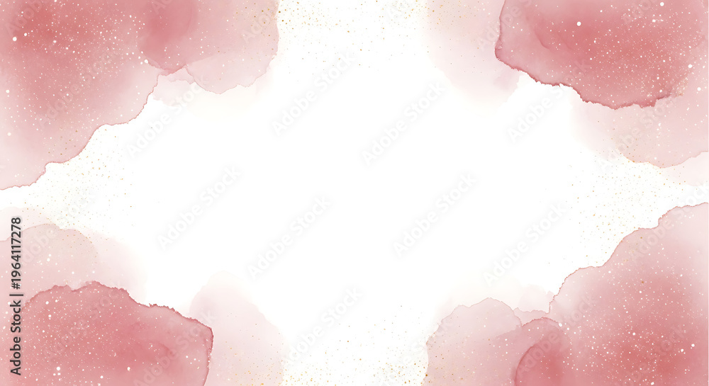 Fototapeta premium Soft pink watercolor wash background with delicate paint splatters and hand-painted texture, elegant artistic frame design on white paper for wedding invitations or creative art projects