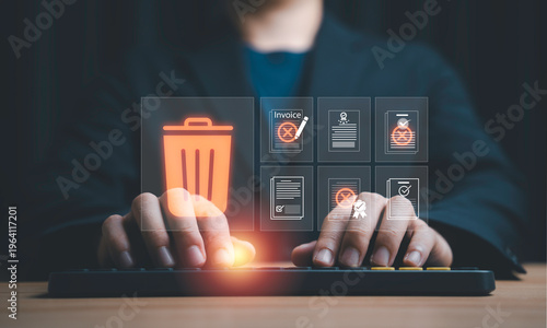 Data management concept with hand deleting digital files and documents showing data cleanup, file removal, privacy protection, information management and secure document disposal business technology.