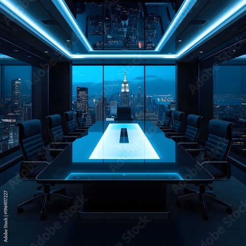 Luxurious elevator with futuristic cityscape view and illuminated interior
