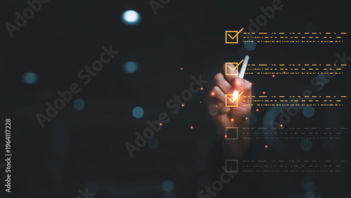 Fotografia Checklist management concept with hand marking completed tasks on digital interface, represent workflow organization, task tracking, quality control, productivity, business process management