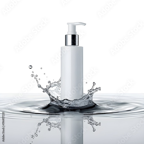 Elegant pump bottle releasing a stream of refreshing water droplets