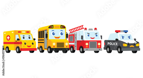 Collection of four adorable cartoon emergency and public service vehicle characters, including a happy ambulance, smiling school bus, brave fire truck, and stern police car.
