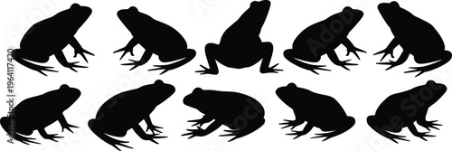Frog silhouette collection set with different poses, amphibian wildlife illustration isolated in black for nature, biology, and environmental design concepts with minimal style