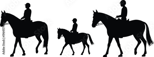 Horse rider silhouettes set featuring equestrian riders on horses in motion, sport and training concept, animal vector illustration isolated on white background