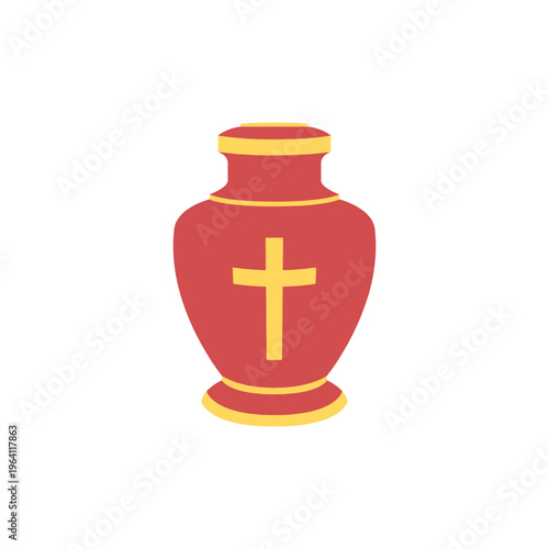 Simple vector illustration of a red and yellow Christian cremation urn featuring a prominent yellow cross design element
