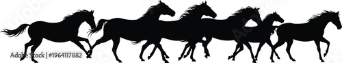 Running horse silhouettes herd in motion, wild mustang galloping group isolated on white background, dynamic animal vector illustration, speed and freedom concept
