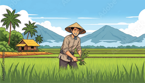 A farmer tending to a lush green rice field under a bright sky Vector