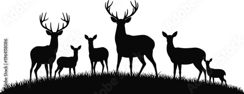Silhouette of deer family herd with antlers standing on grassy hill, wildlife nature scene illustration, black and white minimal design for forest animal concept