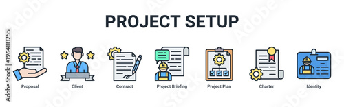Project Setup web banner icon vector illustration with icons of Proposal,Client,Contract,Project Briefing,Project Plan,Charter and Identity