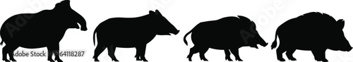 Warthog and wild boar silhouette collection featuring multiple poses, black African wildlife animal shapes isolated on white background, minimalist illustration set