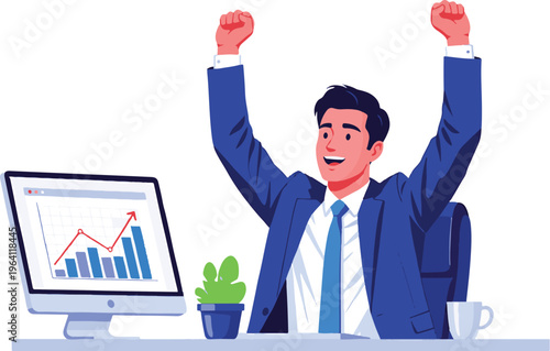 Celebrating success with a triumphant businessman and financial growth charts Vector