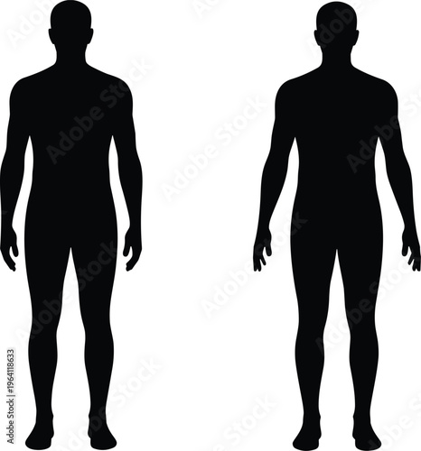 Silhouette of two standing men in neutral front view, male human body outline, anatomical reference figure, full-length man shape illustration