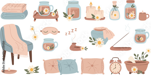 Cozy Home Comfort Elements Collection with Chair, Blankets, Candles and Tea, Relaxing Hygge Lifestyle Objects Vector Illustration Set