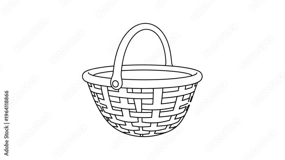Obraz premium Simple line drawing illustration of a traditional empty woven wicker basket with a handle isolated on a plain white background.
