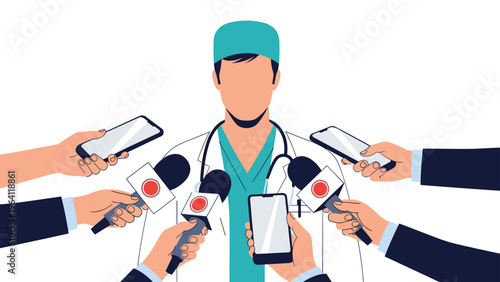 Medical professional surgeon in teal scrubs and cap surrounded by many microphones and smartphones during a press conference or interview.