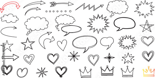 Collection of diverse icons, symbols, in a hand-drawn style Vector.