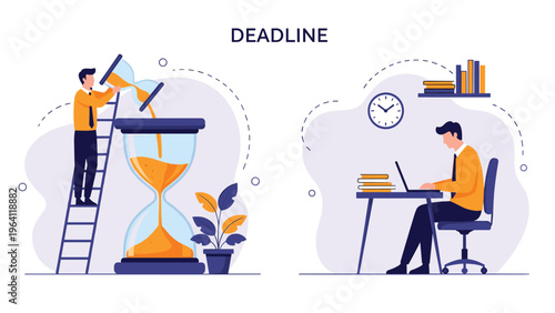 Business deadline concept with people working fast against time shown by a giant hourglass and a clock for project management efficiency.