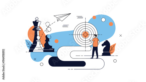 Business strategy and planning illustration featuring chess pieces and a target board representing goals and competition in the corporate world.