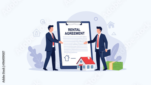 Two professional businessmen in suits shake hands in front of a giant rental agreement document with a house and cash.