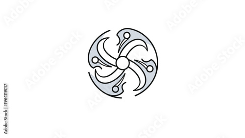 Abstract circular symbol features rotating curved elements and small circles creating a sense of movement or connectivity.