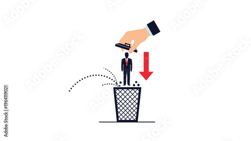Large hand holding a lid drops a miniature businessman into a wire trash bin symbolizing employee dismissal or firing.