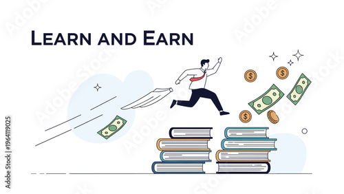Determined businessman jumps over stacks of books towards falling money representing the concept of learning to earn.