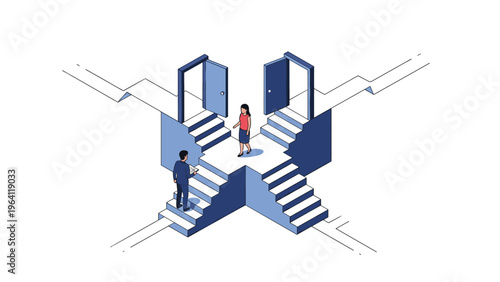 Woman at a career crossroads stands between two sets of stairs leading to open doors representing choices and opportunity.