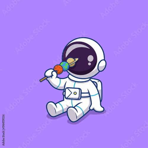 A cute vector illustration of an astronaut mascot sitting relaxed while enjoying a skewer of small planets styled like satay.
