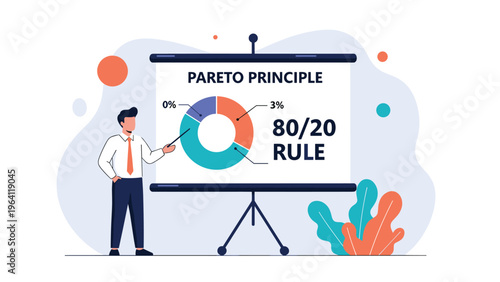 Professional speaker uses a pointer to explain the pareto principle and 80 20 rule on a presentation board in an office.