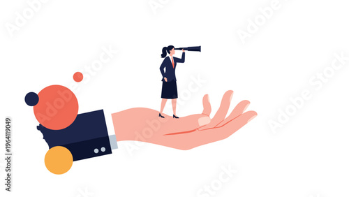 Giant business hand supports a tiny businesswoman using a telescope to look into the distance for future opportunities.