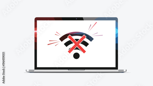 Modern laptop computer screen displays a large wifi symbol with a red cross through it indicating no internet connection.