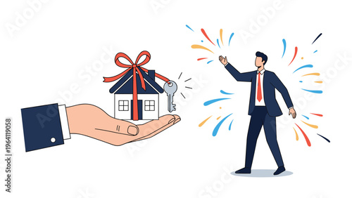 Excited man celebrates receiving a gift of a new house presented by a large hand holding a small home model and keys.
