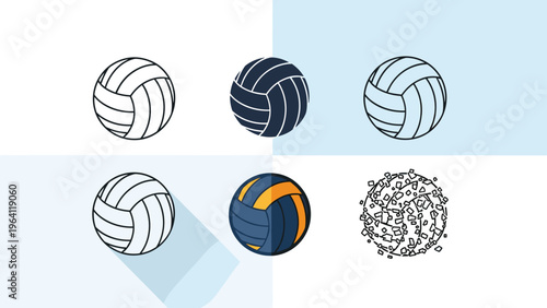 Collection of six different volleyball icons shows various styles including line art solid color and fragmented designs.