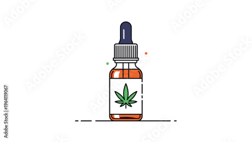 Glass bottle of cbd oil with a dropper features a green cannabis leaf on the label for natural health and wellness.