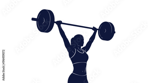 Silhouette of a strong woman weightlifter successfully lifts a heavy barbell over her head against a white background.