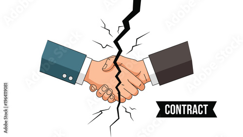 Handshake between two business partners is physically broken by a jagged crack representing a failed contract or deal.