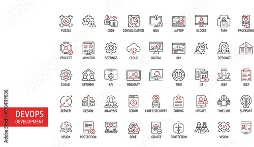 DevOps development process icon set featuring agile scrum methodology software engineering coding workflow project management and cloud computing.