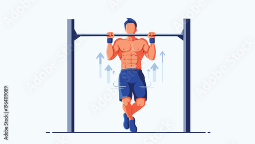 Fit muscular man performs a pull up exercise on a bar with arrows indicating upward movement and strength training.