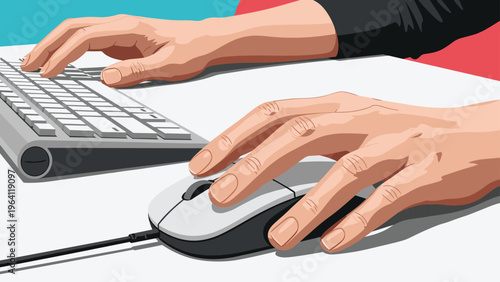 Close up view of hands using a white computer keyboard and an optical mouse on a desk for office work or gaming.