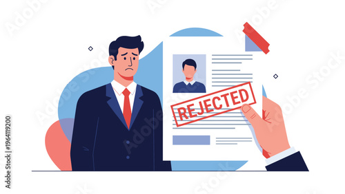 Sad job seeker in a suit looks disappointed as a hand holds up his resume with a large red rejected stamp on it.