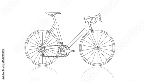 Minimalist line drawing of a modern road bicycle with thin tires and dropped handlebars on a reflective surface.
