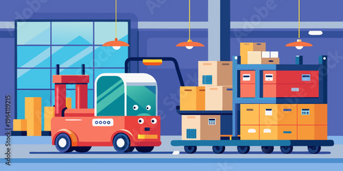 Cute vector illustration of a autonomous robot truck operating in an industrial warehouse for freight delivery and shipping transportation